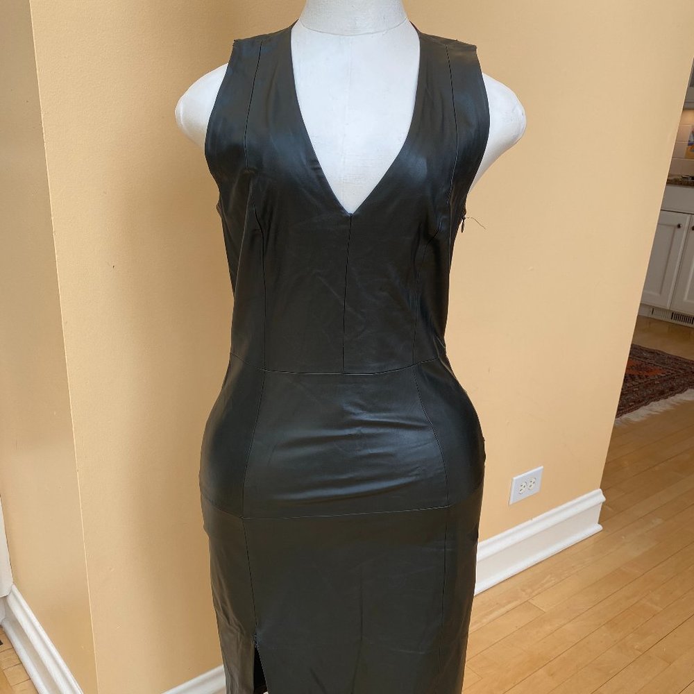 V-neck Side Slit Leather A-line Dress